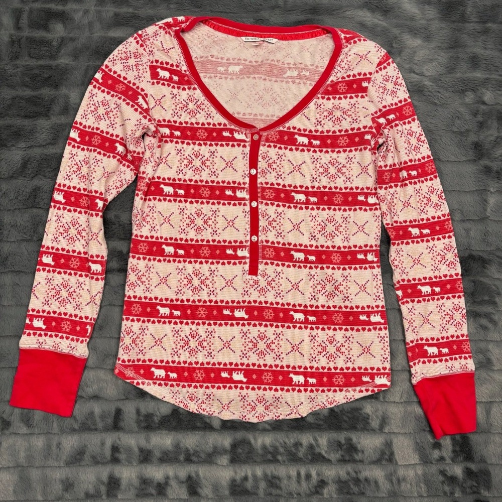 Victorias Secret Womens Medium Red Fair Isle Polar Bear Thermal Henley Top 8150